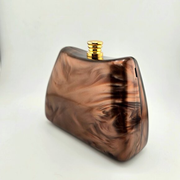 Vintage Brown Marbled Acrylic Box Clutch with Gold Chain Strap - Picture 5 of 16